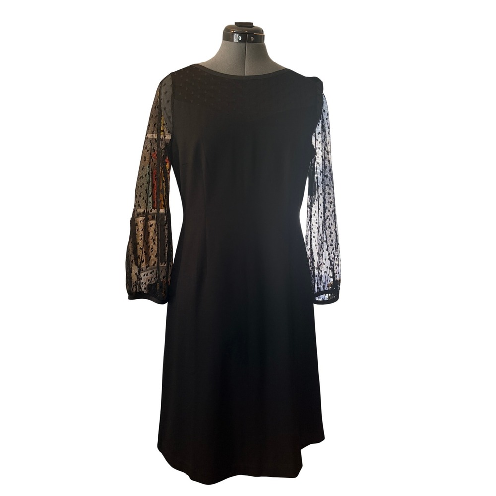 Talbots Cocktail Dress 6 Black Swiss Dot Mesh Sleeve Classic Dark Romance